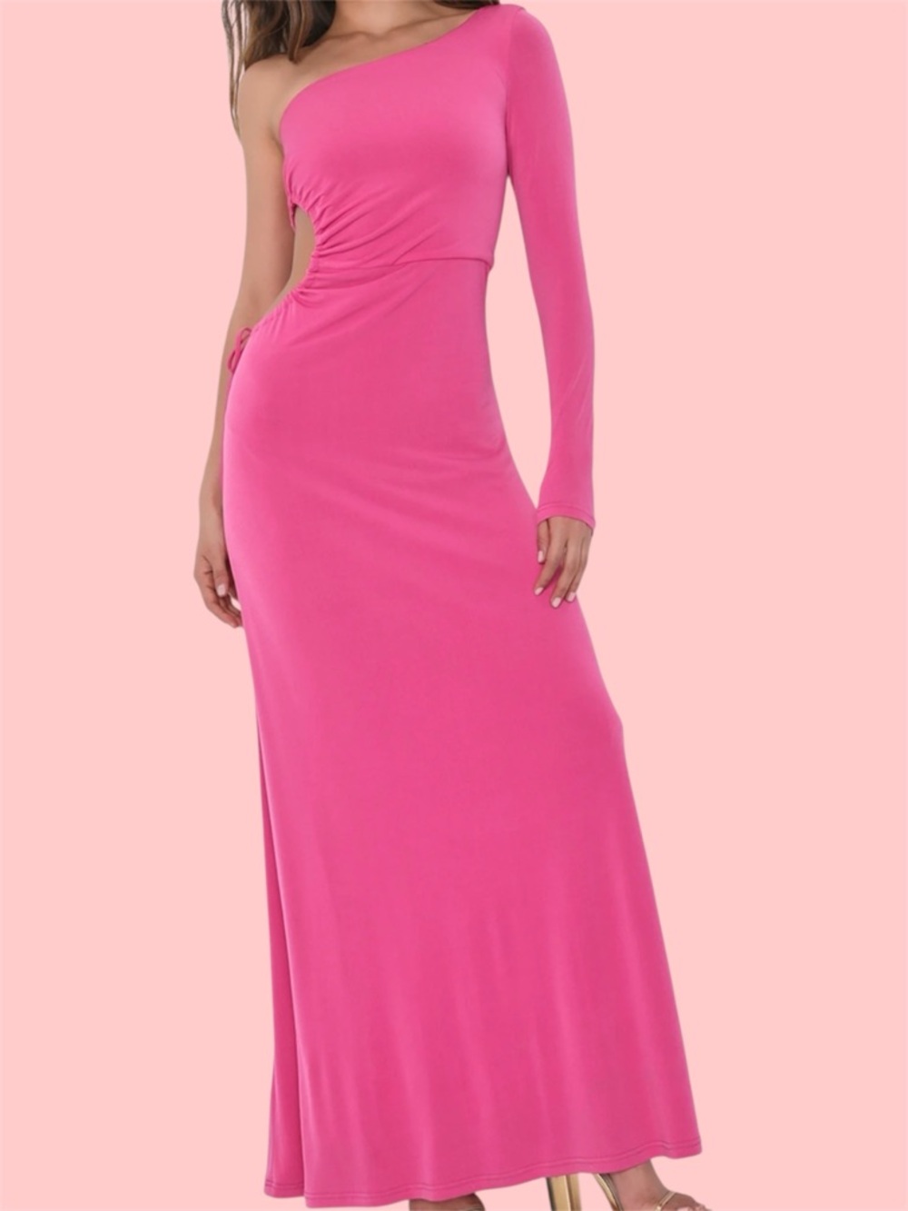 Lulu’s Sweet Flirt Pink Long Sleeve One-Shoulder Cutout Maxi Dress